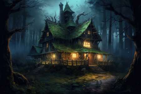 Fairy tale house of a warlock in a magical forest. Cartoon, game, bookの素材