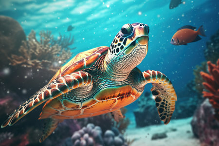 Large beautiful turtle swims in the depths of the oceanの素材