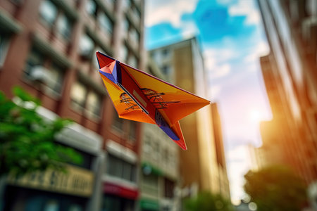 Paper airplane flies around the city. Freedom, independence. Origamiの素材