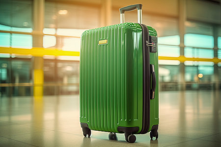 Green suitcase at the airport. Baggage. Travel conceptの素材