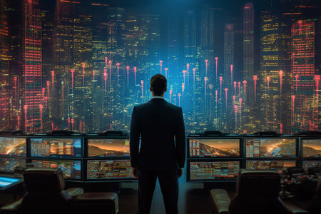 Trader against the background of computers with multi-monitor workstations of stock charts and stock markets in real time. Brokers at work. Financial analytics and tradingの素材