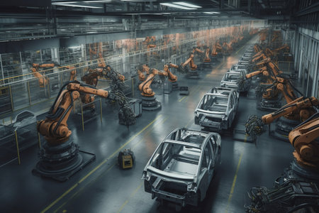 Car Factory Concept. Automated Robot Arm assembly line manufacturing electric vehicles. Automatic construction, building, industrial production conveyorの素材