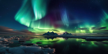 Northern lights in the mountains. Night starry sky. Polar Lightsの素材