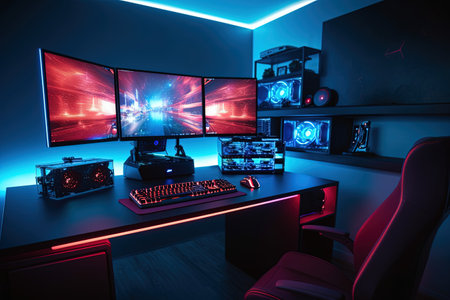 Gamers gaming place in neon colors, 3d realistic illustration. Gaming zone streamerの素材