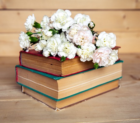 gentle carnation in the old book on a wooden backgroundの写真素材