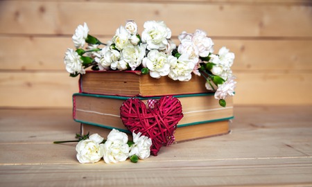 gentle carnation in the old book on a wooden background. Valentine's Dayの写真素材