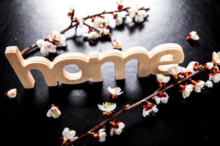 bloom on a black background and a wooden sign with the word houseの写真素材