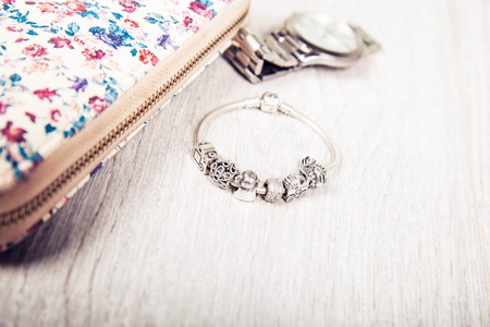 female set to exit, purse, bracelet, lipstick, brushの写真素材