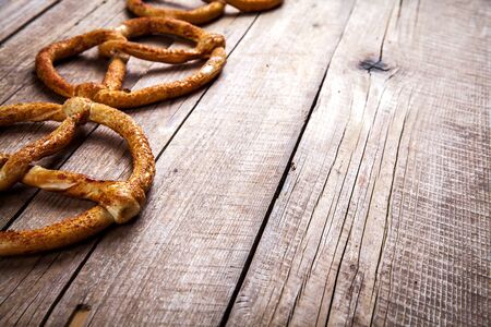 Pretzel on wooden background.の写真素材