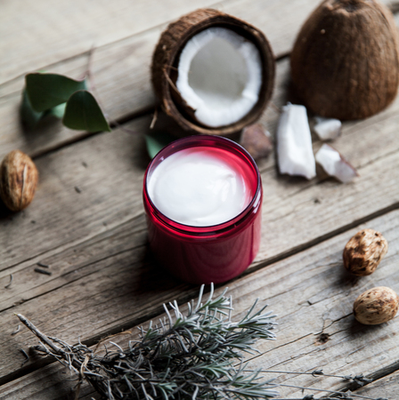 Organic cream on wooden background.の写真素材