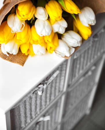 Yellow and white  tulips. flowers. bouquetの写真素材