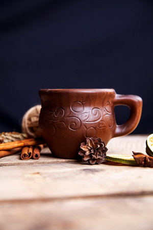 Spices on wooden background.の写真素材