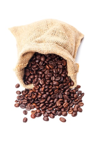 coffee beans in bag isolated on white backgroundの写真素材