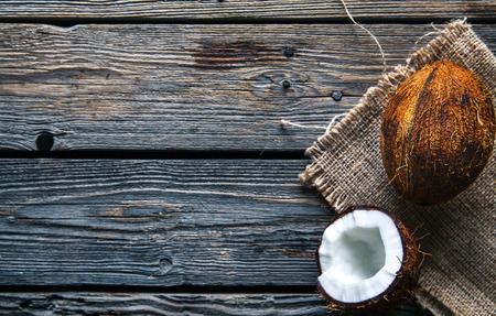 Coconuts on a wooden background, food, nature a