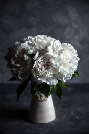 Beautiful peonies on grey concrete background. Wedding, birthday, valentine's day, gift or women's day conceptの写真素材