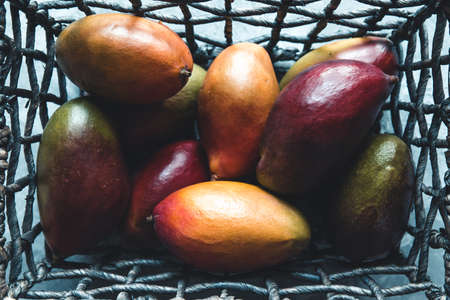 large mangoes in a wicker basket on a gray background. Healthy food, veganの写真素材