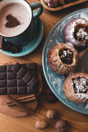 baked apples, coffee, chocolateの写真素材