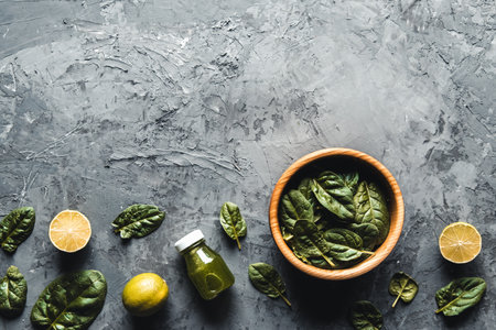 Green food background on stone table top view. Healthy food, vegan, eco products.の写真素材