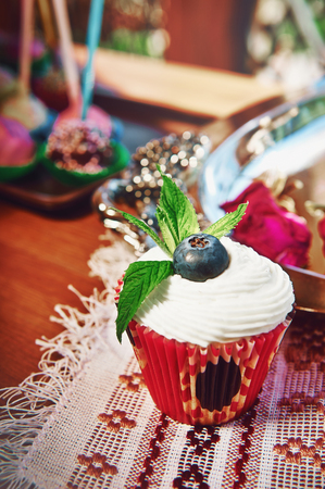 cupcakes with blueberries on a tableclothの写真素材