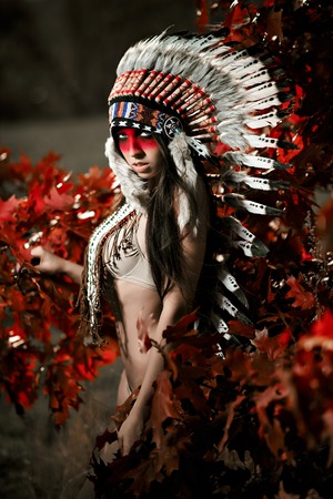 Beautiful girl in a suit of the American Indian on the background of maple leaves
