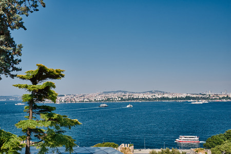 Fully loaded container ship moving through Bosprus. Istanbulの写真素材
