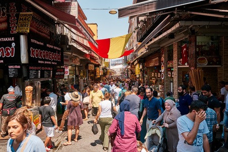 ISTANBUL, TURKEY - JULY 28, 2015: Eminonu and Grand Bazaar is popular destination for tourists in Istanbul.のeditorial素材