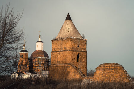 Ancient castle and Church. Russia, Orel region, village Saburovoのeditorial素材