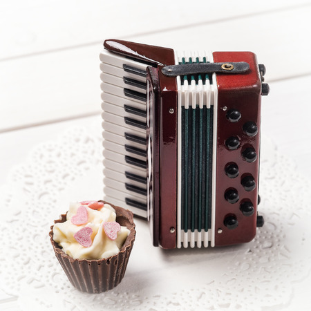 Chocolate candy and decorative accordion on a paper napkin