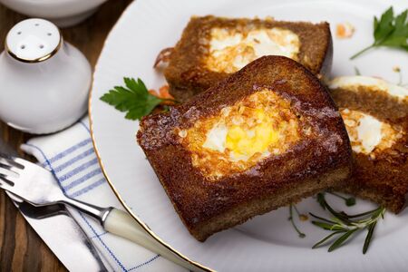 Eggs fried in bread, closeup
