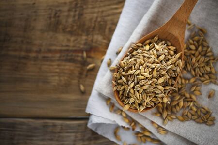 Oats in a wooden spoon with space for text close-up, top viewの写真素材