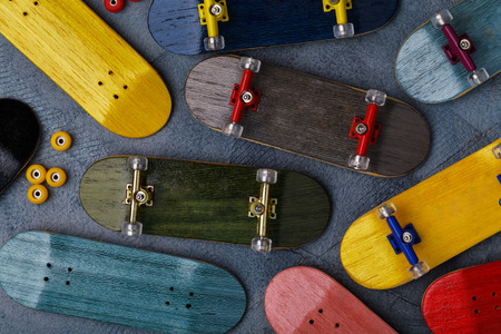Multicolored fingerboards and details, top viewの写真素材