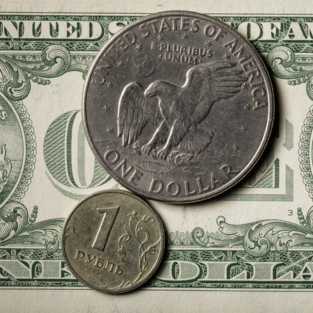 American dollar and Russian ruble, top view. Decline in the economyの写真素材