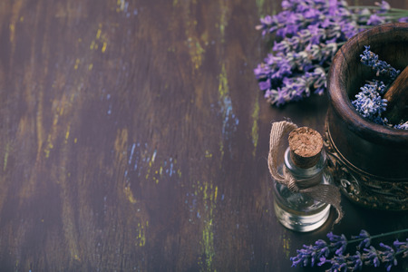 Tools for preparation of lavender oil with space for textの写真素材