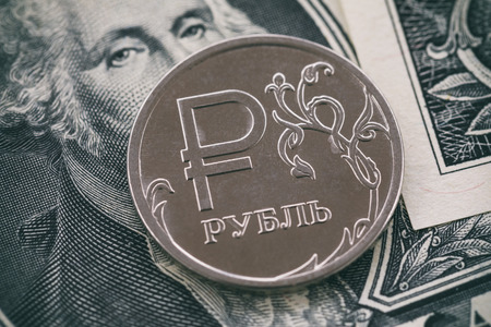 Russian Ruble and US Dollar close-up, top view