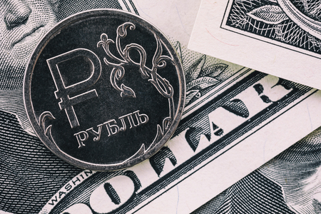 Russian Ruble and US Dollar, top viewの写真素材