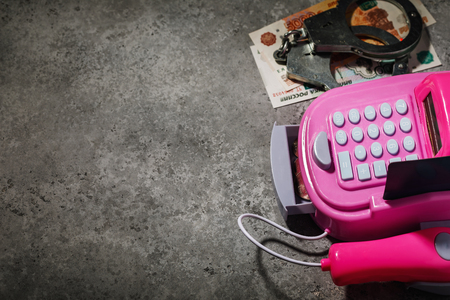 Concept of fraud with cash registers and Russian money with copy spaceの写真素材