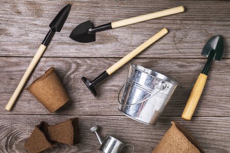 Various tools for working in the garden on a wooden table, top viewの写真素材