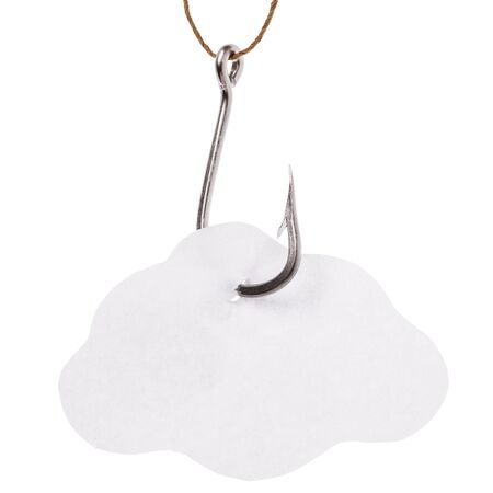 On a fishing hook a sheet of paper Isolated on a white background. Template for text