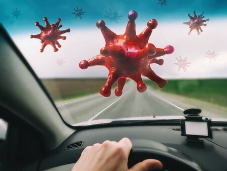 Coronavirus blocked the way for the driver. Covid-19 pandemic outbreak concept