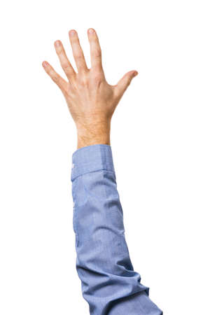 The left hand of a man in a shirt reaches up, isolated on a white backgroundの写真素材