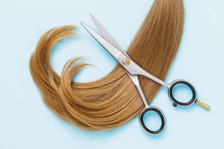 Scissors and female hair of light brown color on a blue background, top view. Hairdressing concept.の写真素材
