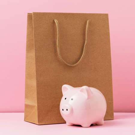 Blank paper bag and piggy bank on pink background.