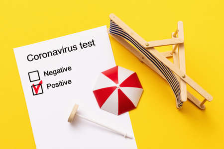A form with positive results of the coronavirus test and inverted toy accessories for relaxation on...