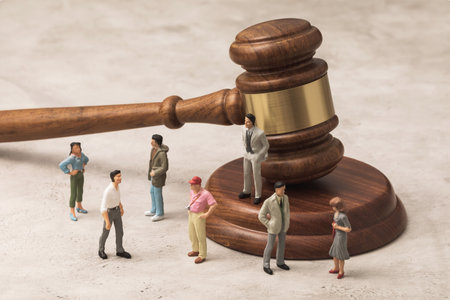Toy men made of plastic and a judge's gavel on the table, a concept on the topic of administrative offenses and litigation in societyの写真素材