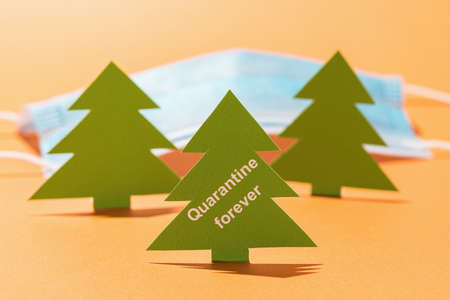 Christmas tree made of cardboard with text and a medical mask on a colored background, the concept of quarantine foreverの写真素材