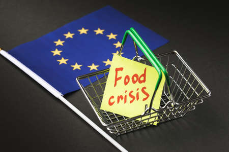 European flag and note with text in empty food basket, European Union food crisis conceptの写真素材