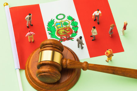 Judge gavel, Peru flag and plastic toy men on colored background, concept of litigation in Peruvian societyの写真素材