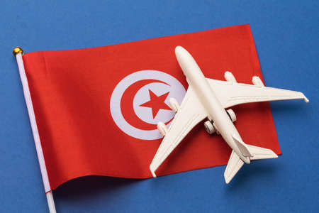 Tunisian flag and toy plane on colored background, concept on the theme of travel to Tunisiaの写真素材