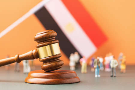 Wooden judge gavel, flag and plastic toys on colored background, concept of trials in Egyptian societyの写真素材