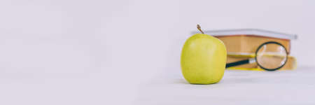 Concept Back to School. Green apple with magnifying glass on a background of booksの写真素材